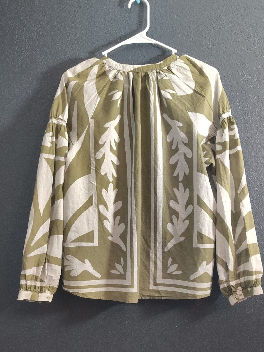 DR2 Olive and White cotton Boho Light Weight Button-Front Peasant Blouse - Picture 7 of 7